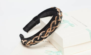 Black velvet headband embellished chain decoration Jeweled headband with black and gold braid Sparkly headband Special occasion headband