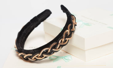 Black velvet headband embellished chain decoration Jeweled headband with black and gold braid Sparkly headband Special occasion headband