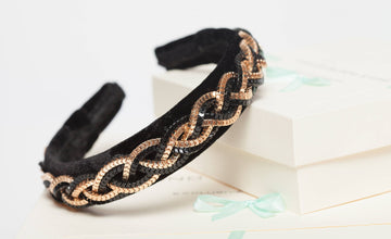 Black velvet headband embellished chain decoration Jeweled headband with black and gold braid Sparkly headband Special occasion headband