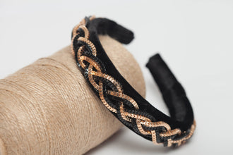 Black velvet headband embellished chain decoration Jeweled headband with black and gold braid Sparkly headband Special occasion headband