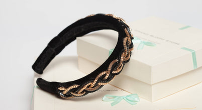 Black velvet headband embellished chain decoration Jeweled headband with black and gold braid Sparkly headband Special occasion headband