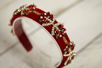 Red embellished velvet headband Jeweled headband Sparkly headband Crystal headband Rhinestone hairband