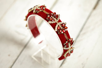 Red embellished velvet headband Jeweled headband Sparkly headband Crystal headband Rhinestone hairband
