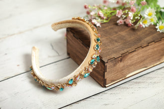 Beige headband embellished with blue crystals Jeweled headband Sparkly headband Embellished headband Jewelled beige headband