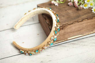 Beige headband embellished with blue crystals Jeweled headband Sparkly headband Embellished headband Jewelled beige headband