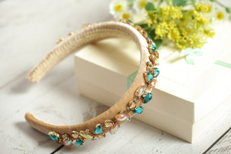 Beige headband embellished with blue crystals Jeweled headband Sparkly headband Embellished headband Jewelled beige headband