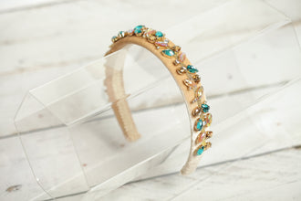 Beige headband embellished with blue crystals Jeweled headband Sparkly headband Embellished headband Jewelled beige headband