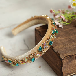 Beige headband embellished with blue crystals Jeweled headband Sparkly headband Embellished headband Jewelled beige headband