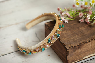 Beige headband embellished with blue crystals Jeweled headband Sparkly headband Embellished headband Jewelled beige headband
