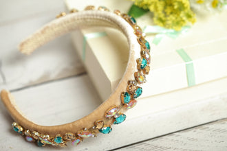 Beige headband embellished with blue crystals Jeweled headband Sparkly headband Embellished headband Jewelled beige headband