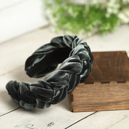 Gray velvet braided headband Women plaited headband Boho braid hairband Padded headband