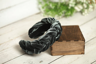 Gray velvet braided headband Women plaited headband Boho braid hairband Padded headband