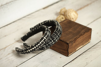 Tweed padded headband black with white Wool headband Classic winter headband Padded alice band Chenille headband 3cm/2,5cm/2 cm wide