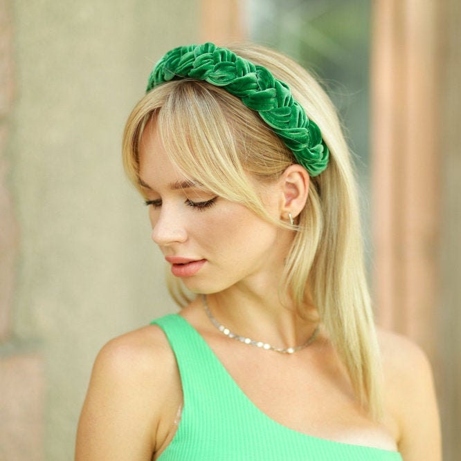 Green braided headband Green velvet headband Thin plaited hairband Women fashion headband summer headband