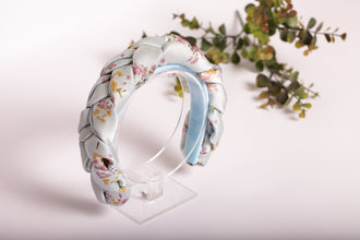 Baby blue satin braided headband Flower print braided hairband Plaited satin headband Powder blue braided headband