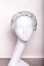Baby blue satin braided headband Flower print braided hairband Plaited satin headband Powder blue braided headband