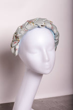 Baby blue satin braided headband Flower print braided hairband Plaited satin headband Powder blue braided headband