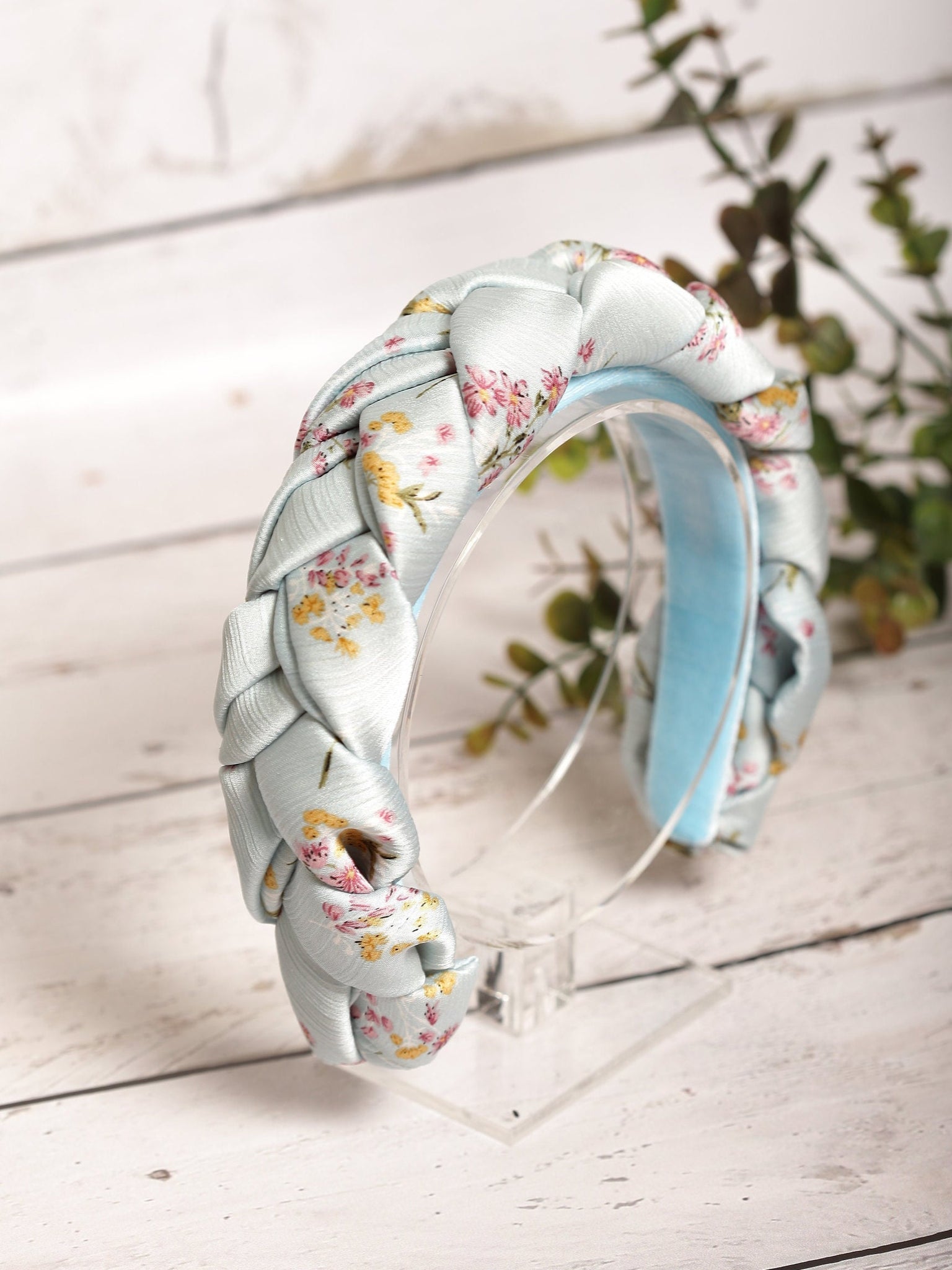 Baby blue satin braided headband Flower print braided hairband Plaited satin headband Powder blue braided headband