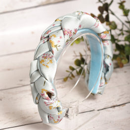 Baby blue satin braided headband Flower print braided hairband Plaited satin headband Powder blue braided headband