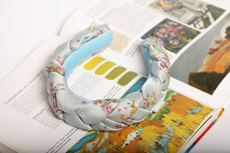 Baby blue satin braided headband Flower print braided hairband Plaited satin headband Powder blue braided headband