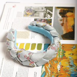 Baby blue satin braided headband Flower print braided hairband Plaited satin headband Powder blue braided headband