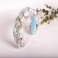 Baby blue satin braided headband Flower print braided hairband Plaited satin headband Powder blue braided headband