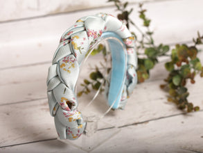 Baby blue satin braided headband Flower print braided hairband Plaited satin headband Powder blue braided headband