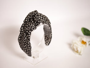 Top knot headband Knotted headband No slip headband Black knot headband with white flowers Spring headband Cotton headband