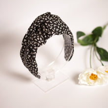Top knot headband Knotted headband No slip headband Black knot headband with white flowers Spring headband Cotton headband